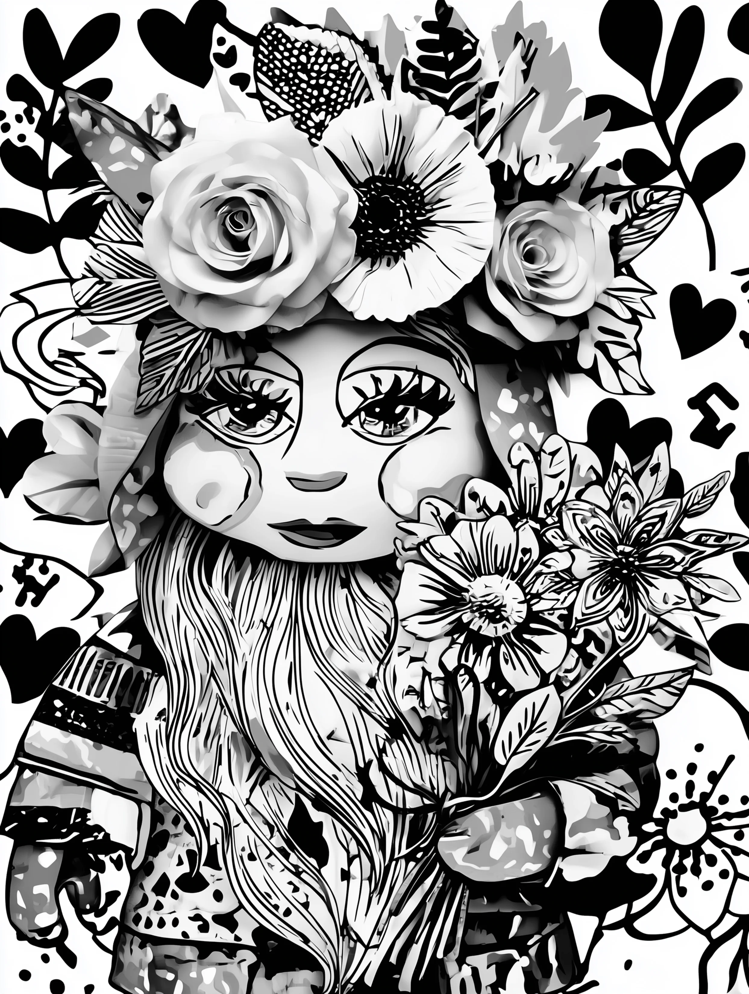 Free printable gnome coloring page for adults featuring a gnome holding a bouquet